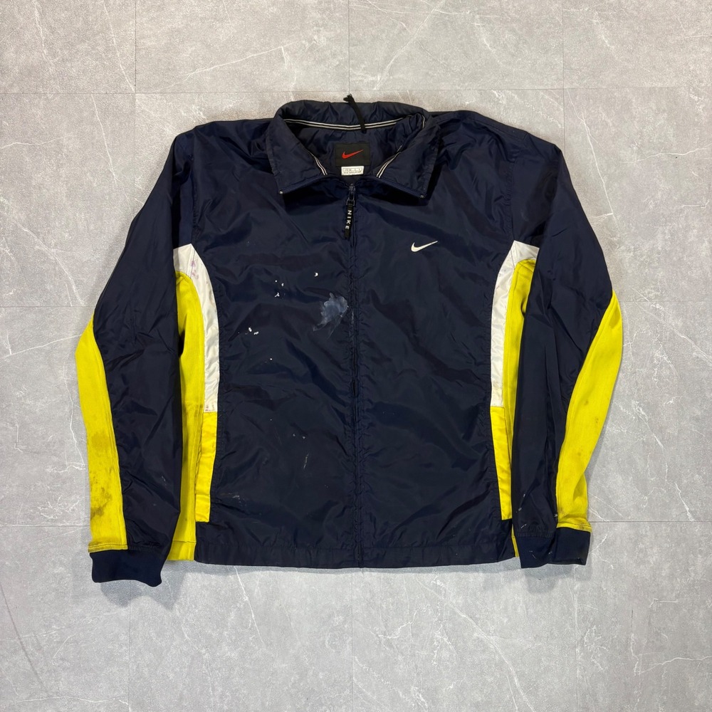 Vintage Nike Windbreaker Jacket Navy Blue Yellow Color Block Full Zip Mens Small
